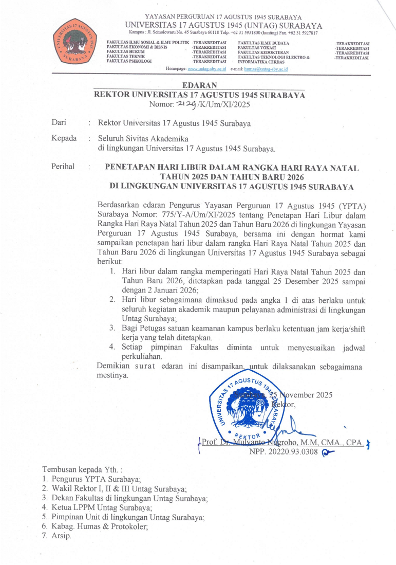 UNTAG Surabaya Tetapkan Hari Libur Natal 2025 dan Tahun Baru 2026
