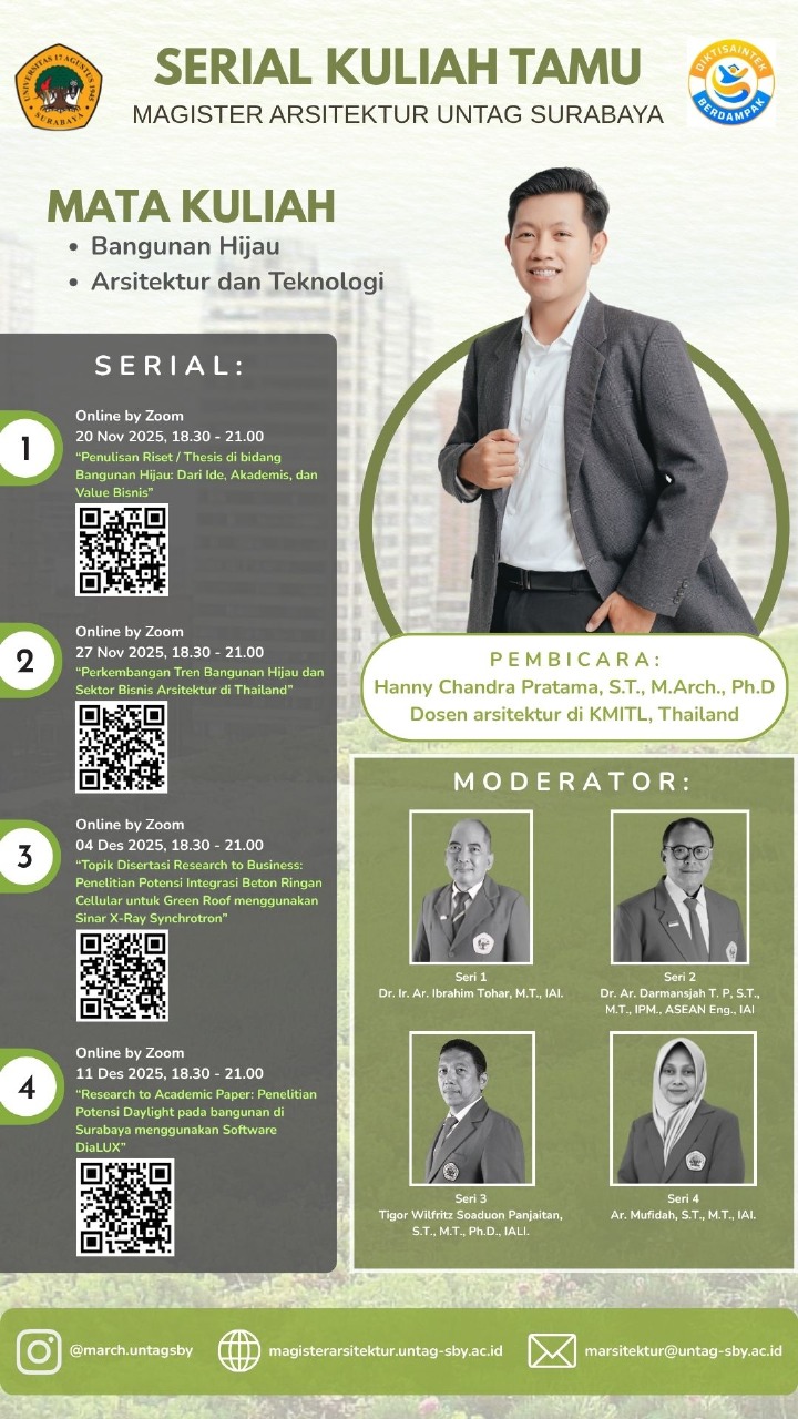 Magister Arsitektur UNTAG Surabaya Akan Gelar Kuliah Tamu Bertema Penulisan Riset Bangunan Hijau: Dari Ide Akademik hingga Nilai Bisnis