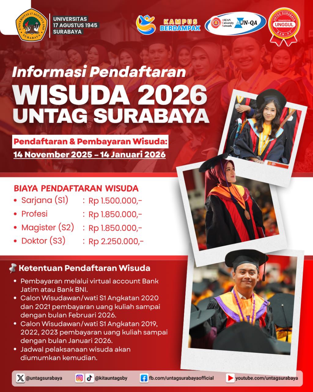 UNTAG Surabaya Buka Pendaftaran Wisuda Semester Gasal Tahun 2026
