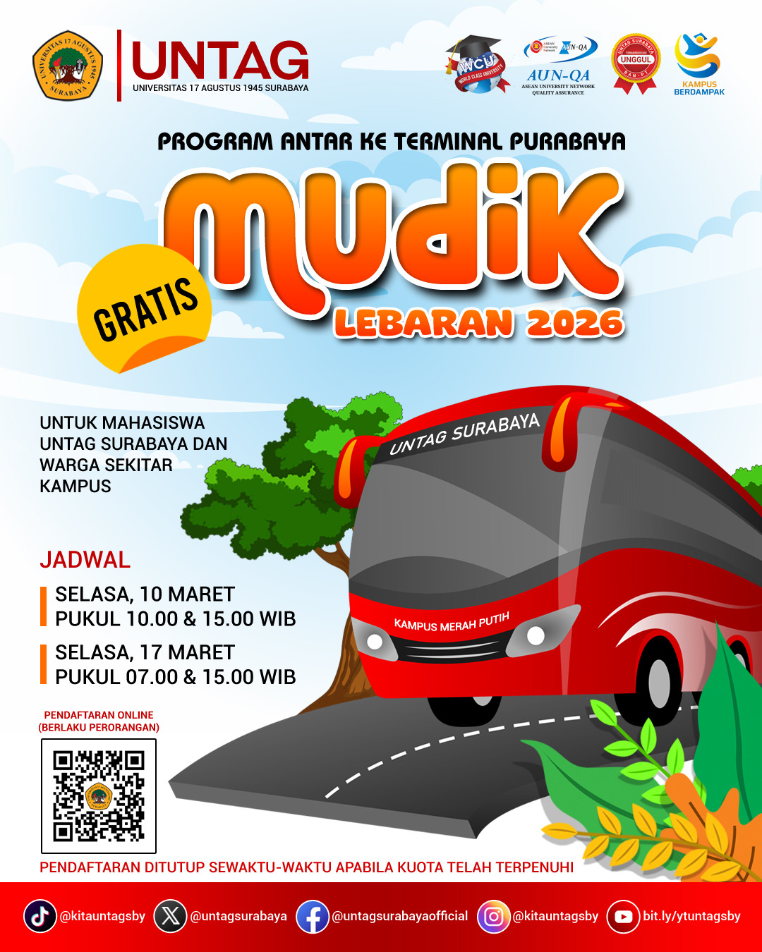Untag Surabaya Gelar Program Mudik Gratis ke Terminal Purabaya untuk Mahasiswa dan Warga Sekitar Kampus