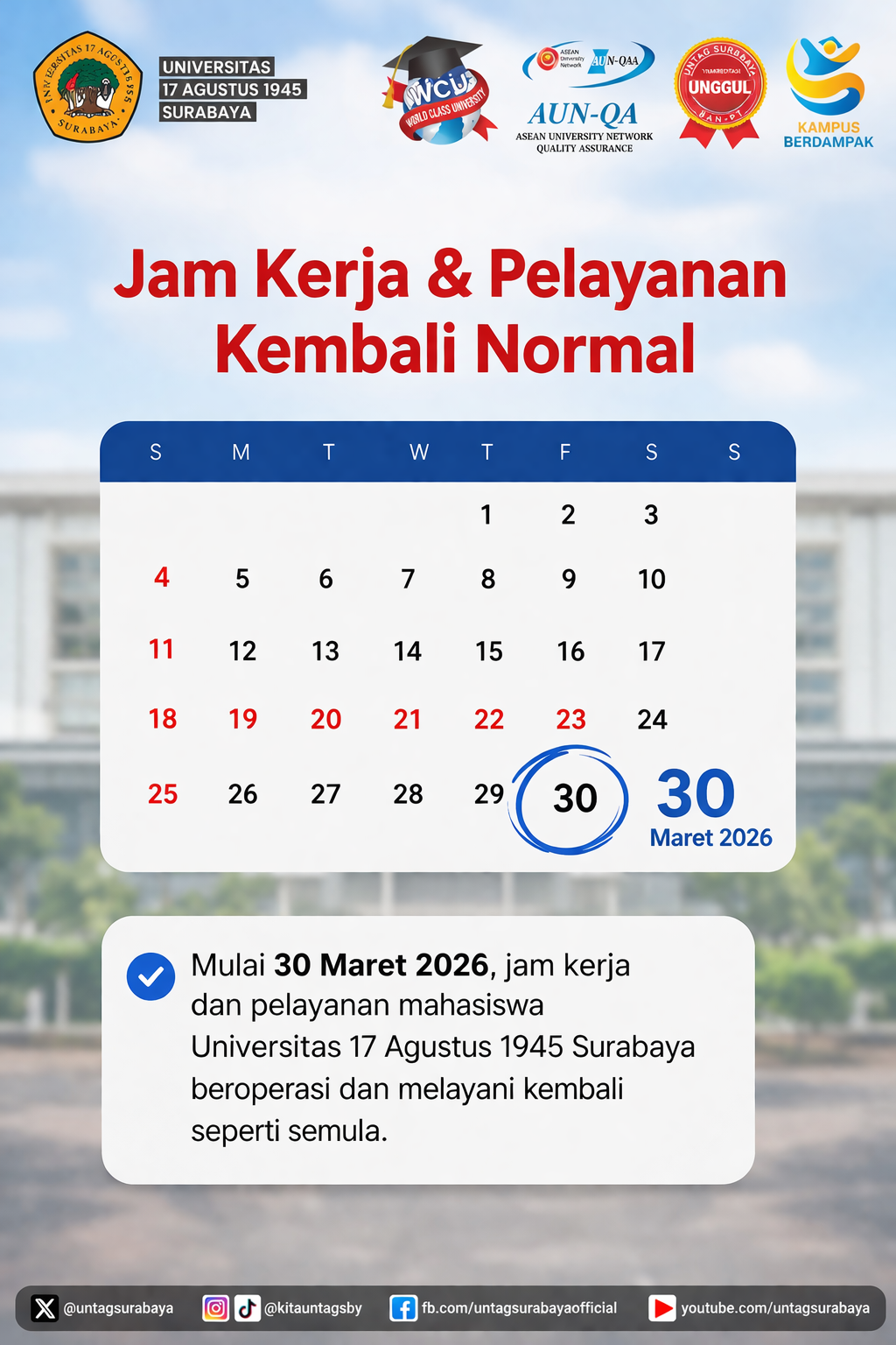 Jam Kerja dan Pelayanan Untag Surabaya Kembali Normal Mulai 30 Maret 2026