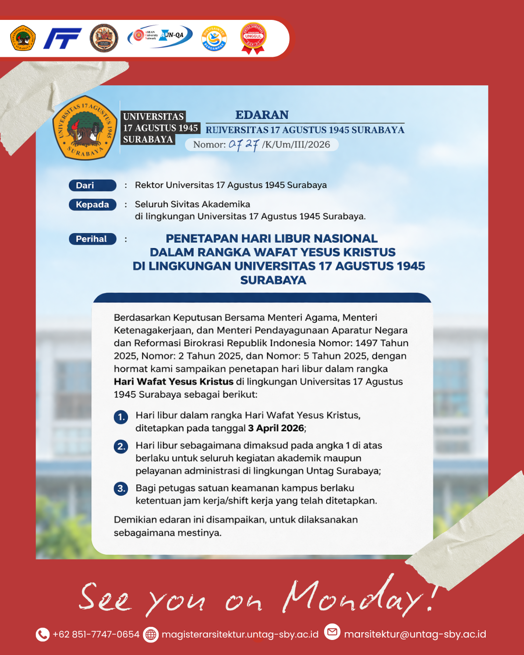 Untag Surabaya Tetapkan Libur Nasional Wafat Yesus Kristus pada 3 April 2026