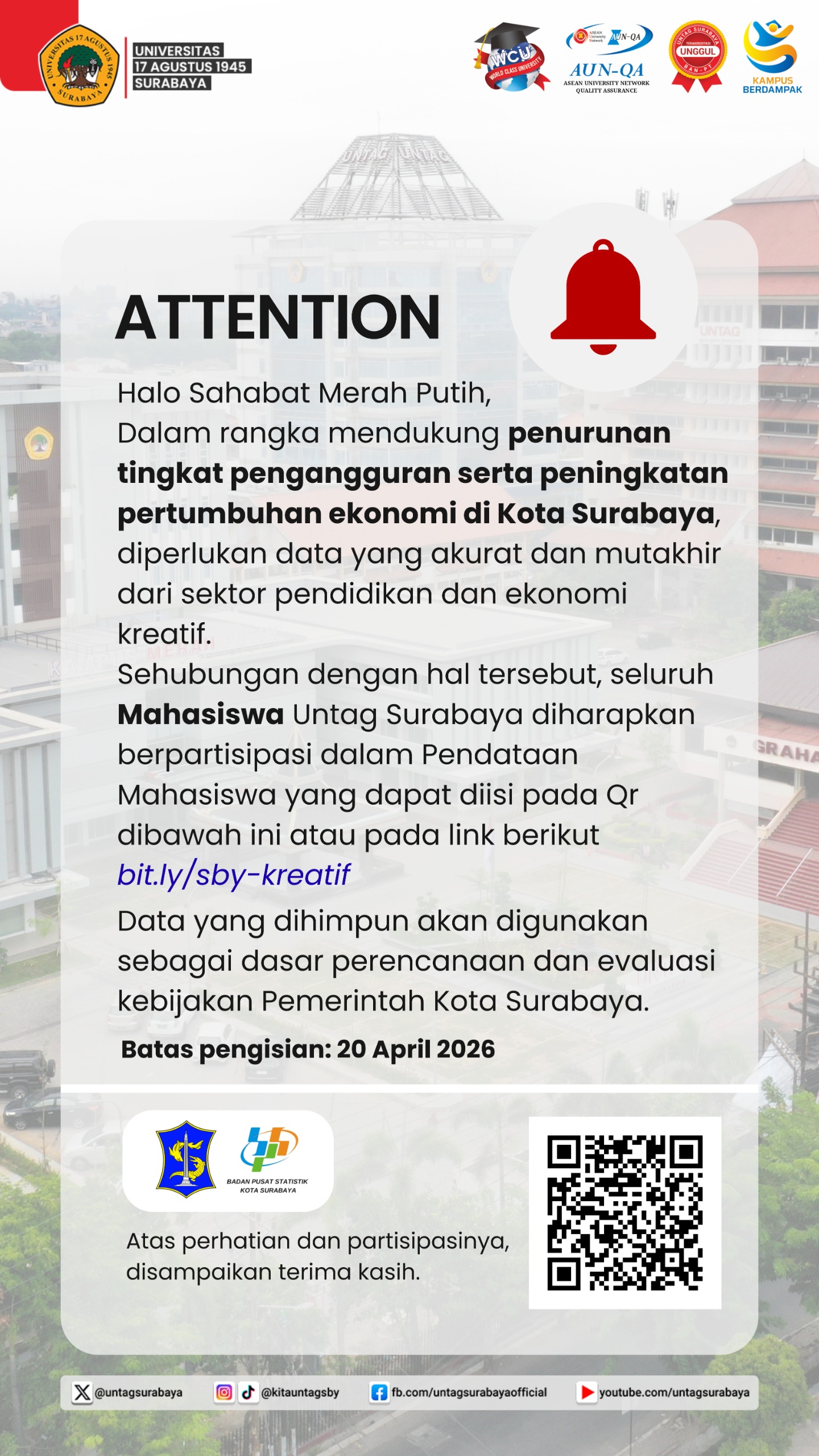 Untag Surabaya Dorong Mahasiswa Berkontribusi dalam Pendataan untuk Kebijakan Kota