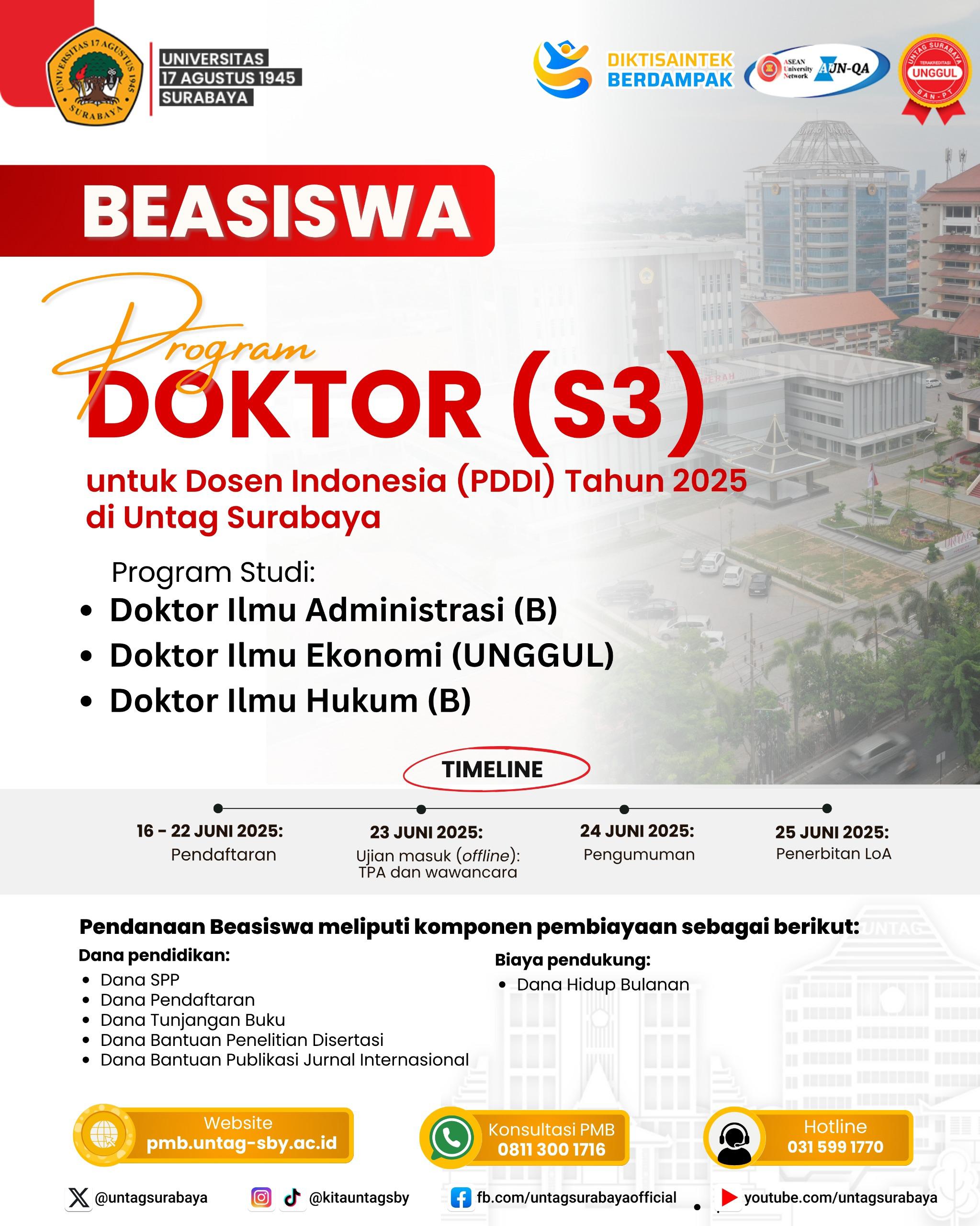 Beasiswa Dosen Seluruh Indonesia Program Doktor S3 di Untag Suraba