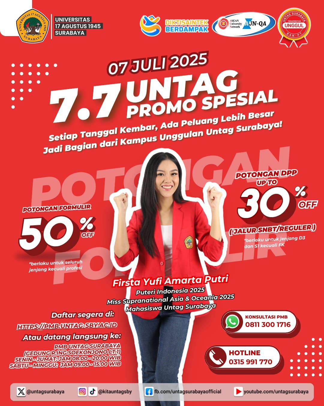 Untag Surabaya Hadirkan Promo Spesial 7.7: Diskon Formulir hingga 50% dan Potongan DPP 30%